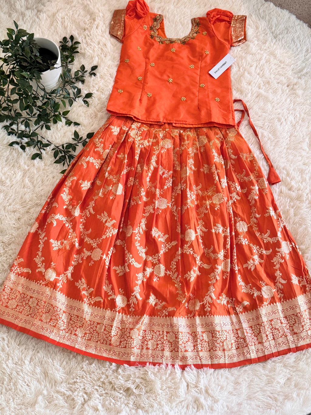 Girl's Orange Ethnic Top and Skirt