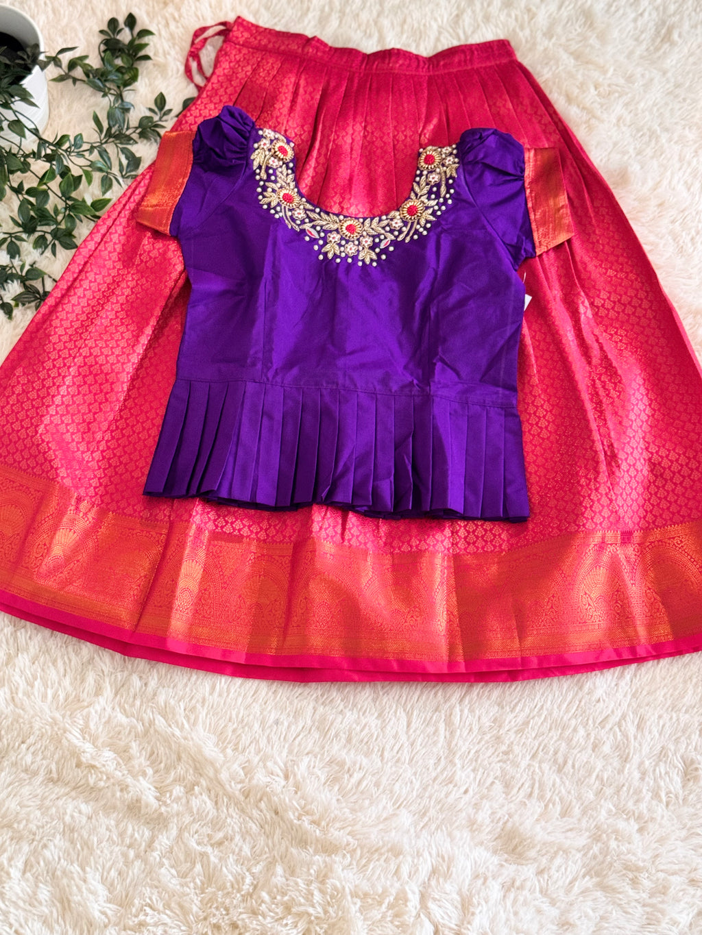Girls' Ethnic Purple Top & Skirt